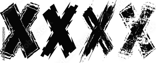 Grunge black letter x variations distressed textured alphabet with ink brush stroke effect