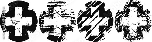 Set of four black grunge medical cross icons with rough distressed texture design