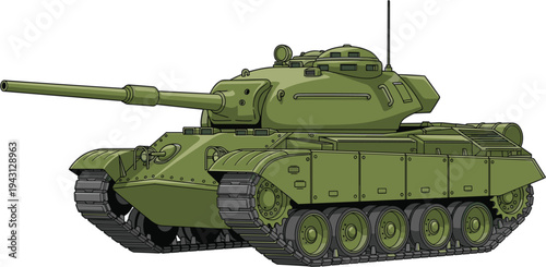 "Modern olive green military battle tank illustration with heavy armor, rotating turret, advanced weapon systems, defense technology, and educational armored warfare design resources"