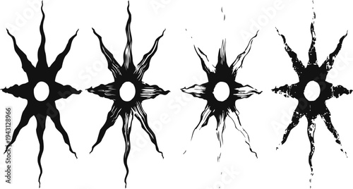 Abstract black sunburst shapes with irregular flame like rays, artistic silhouettes in row