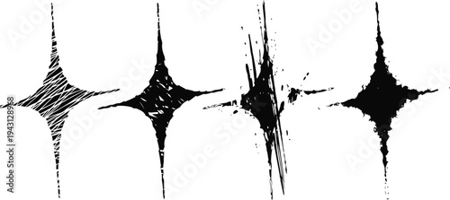 set of four vintage starburst shapes in black with rough hand drawn texture