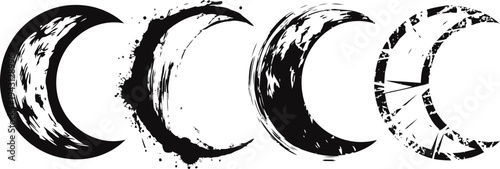 grunge crescent moon phases set rough textured lunar shapes in black and white