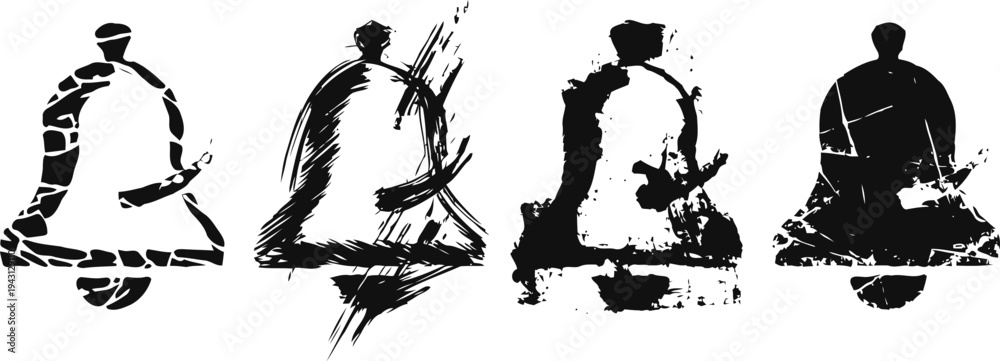 Obraz premium grunge bell icons set distressed paint splatter and scratch marks vintage distressed silhouettes with rough textures