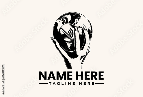 Black and white illustration of hands cradling a globe with a logo and placeholder text on a beige background.
