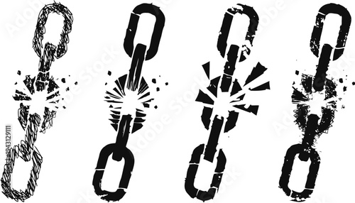 Broken chain links isolated on white background set of distressed cracked and shattered metal links symbolizing strength failure and damage