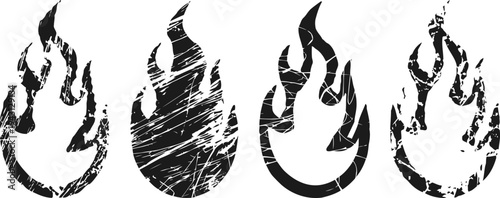 Grunge flame icons set distressed fire symbol silhouettes with rough textured design