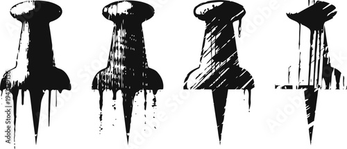 Grunge push pins set four textured thumbtacks in black and white vintage