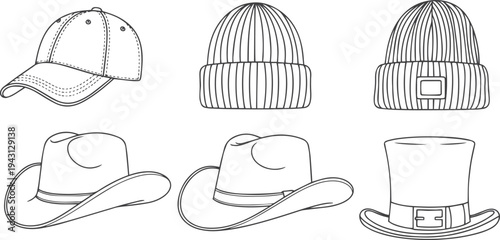 Set of five different hats including a baseball cap, beanie, fedora, cowboy hat, and top hat in a simple black and white line art illustration style