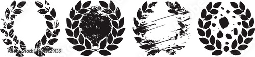 Grunge laurel wreath set distressed vintage circular leaf frame with rough texture classic emblem design elements