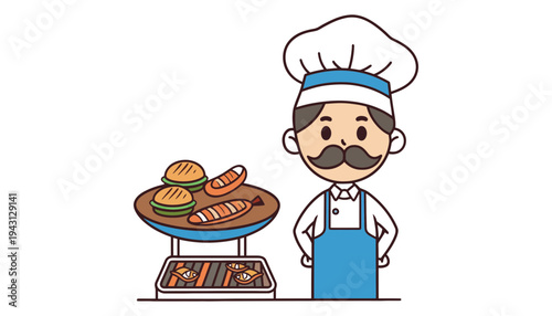 A chef illustration standing next to a grill with burgers and sausages