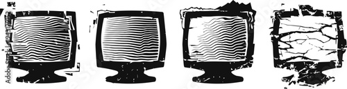 Set of four grunge cracked old television screens in black and white with distortion and noise effects