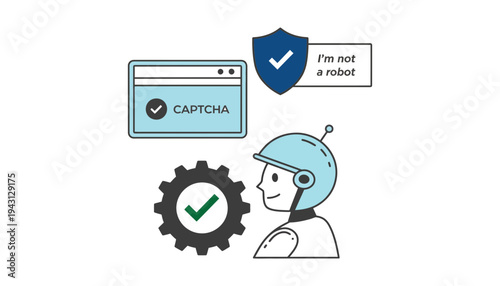 A cartoon robot with a CAPTCHA verification process for security purposes