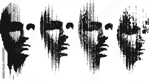 Abstract grunge female face with digital glitch effect in black and white