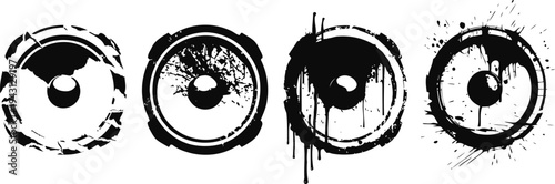 Grunge target circles with distressed and splattered paint textures in black and white