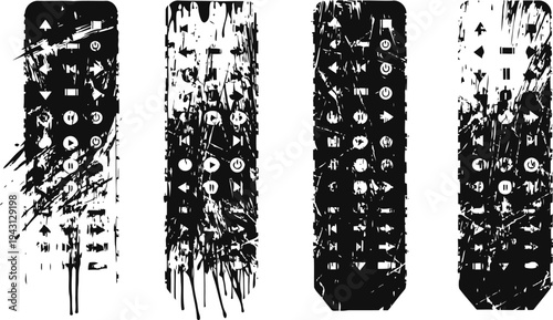 Grunge remote control button icons set distressed black silhouettes of multimedia, volume, power, and navigation symbols