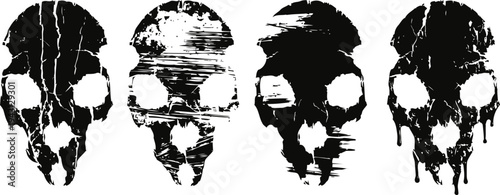 Abstract black skull silhouettes with textured glitch effects in grunge isolated on white background