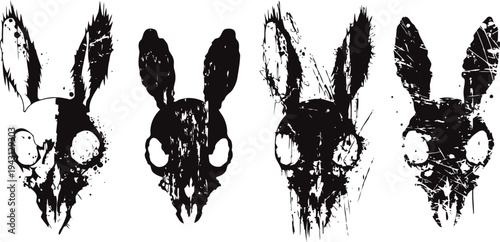 Grunge rabbit skull silhouettes four dark textured bunny skulls for halloween, gothic horror design elements