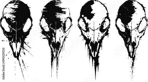 Abstract black skulls set with ink splatter effects, artistic gothic design elements for dark theme decor
