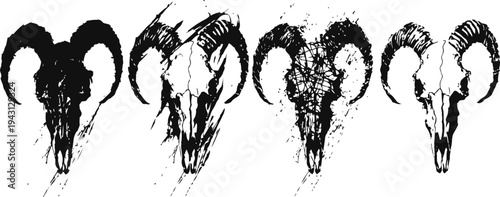 grunge ram skull silhouettes vector set with distressed texture and abstract design elements
