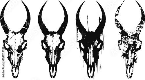 Grunge animal skulls with horns set dark distressed overlays, vintage tattoo style, spooky wildlife illustration