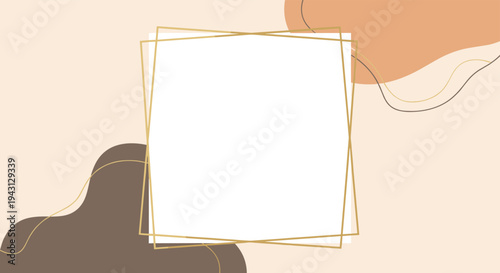 Minimalist abstract background with organic brown and beige shapes and a central white square frame with thin gold border lines.