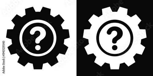 Technical support and troubleshooting icon. A gear with a question mark symbolizing system help, configuration assistance, maintenance queries, and repair instructions.