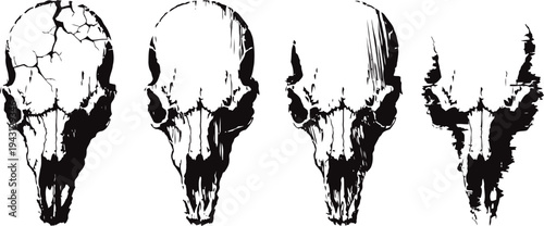 Set of cracked deer skull silhouettes with different angles and high contrast shading