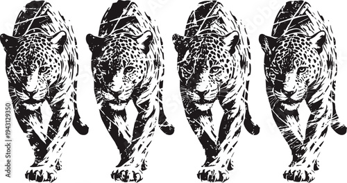 Four black and white stylized leopard silhouettes walking forward in a row