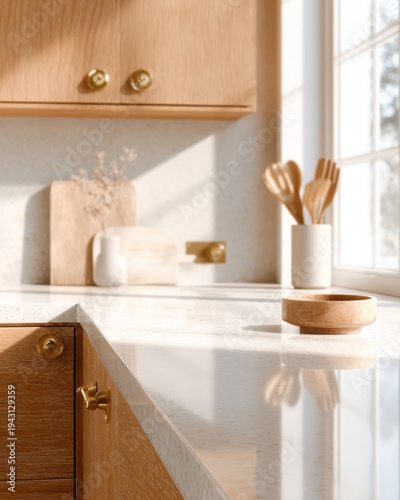 Minimal warm kitchen countertop with wooden utensils and ceramic bowl for interior design background, cozy home decor, and product staging