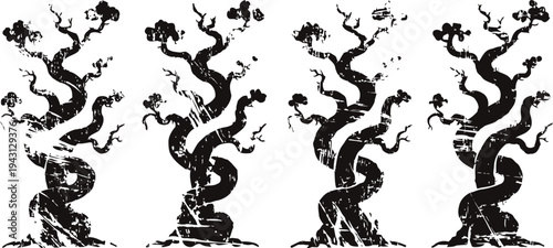 Abstract twisting trees silhouette black and white illustration with rough textured multiple designs