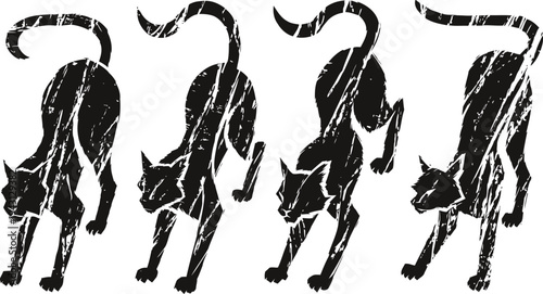 Set of black cats stretching in various poses halloween spooky animal silhouettes with curved tails, playful and mysterious pets