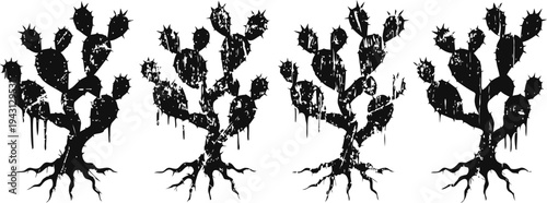 abstract black cactus silhouettes with dripping paint effects and exposed roots on white background