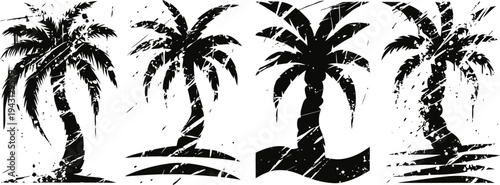 black silhouettes of palm trees with textured trunks and curved leaves on white background