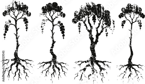 black silhouette hand drawn trees with detailed roots and canopy isolated on white background