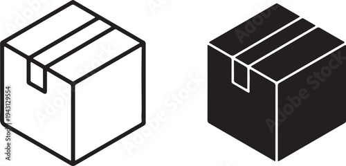 Isometric box icon set for packaging and logistics,Cardboard Shipping Box Icon Set.Vector illustration of closed and open cubes in solid black style.