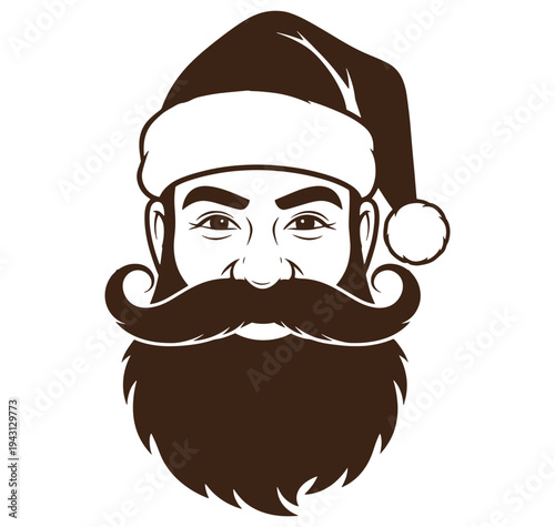 Santa Claus face with long beard and mustache wearing a Christmas hat