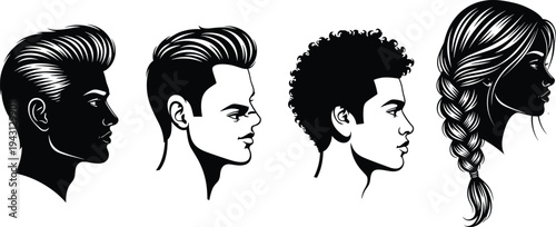 Male and female hairstyle profile silhouettes set featuring modern haircut styles curly hair and braid beauty salon vector illustration