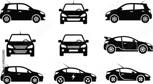 Compact and sporty car silhouettes set showing hatchback vehicles from side and front views isolated black vector illustration