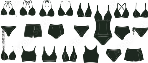 Swimwear silhouette vector illustration of various bikini sets and shorts