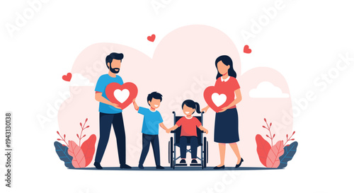 Supportive family including a father, mother, and brother standing with a young girl in a wheelchair while all holding red heart shapes.