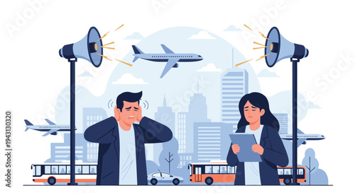 Two people covering their ears and looking stressed due to extreme noise pollution from airplanes, buses, and loudspeakers in a city.