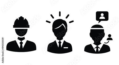 Set of 3 Professional Business People Avatars Vector Icons: Engineer, Idea Person, and Social Network User for Website UI/UX and Marketing