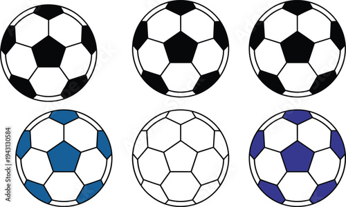 Soccer Ball Vector Icon Set with Traditional Black and White Designs plus Blue and Line Art Variations Isolated on White Background for Sports Competition Branding