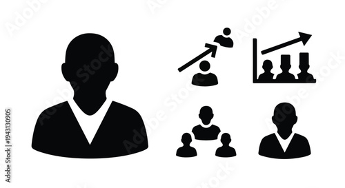 Set of 5 black vector icons depicting business people, user profiles, team collaboration, and growth charts, ideal for corporate presentations and website UI.