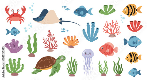Large set of adorable ocean animals and underwater elements like stingrays, crabs, seahorses, and various types of seaweed and coral.