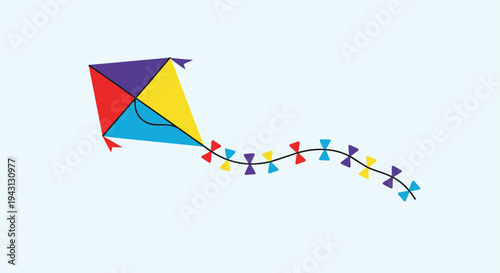 Multi colored kite with a long tail and several bows flying gracefully against a light blue sky in a simple vector illustration style.
