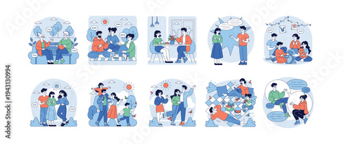 Family and Friends Engaging in Conversations Vector Set