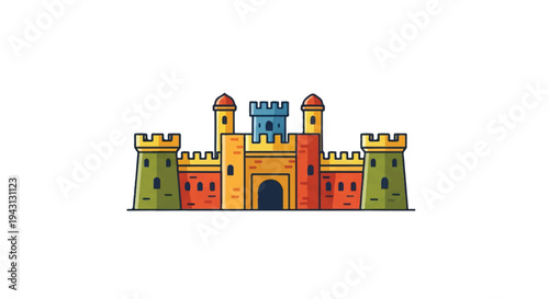 Colorful illustration of a castle with towers and battlements isolated on white