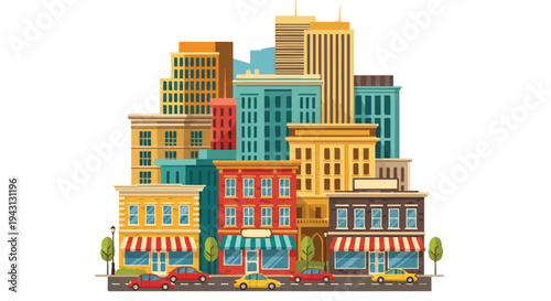 Cityscape illustration of buildings and skyscrapers isolated on white