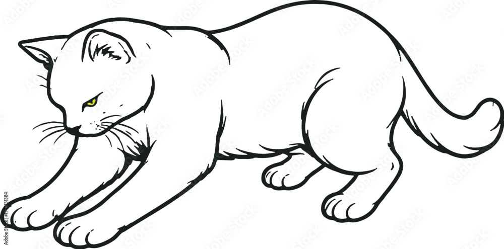 Obraz premium Cat Kneading Paws Side View Black and White Line Art Illustration